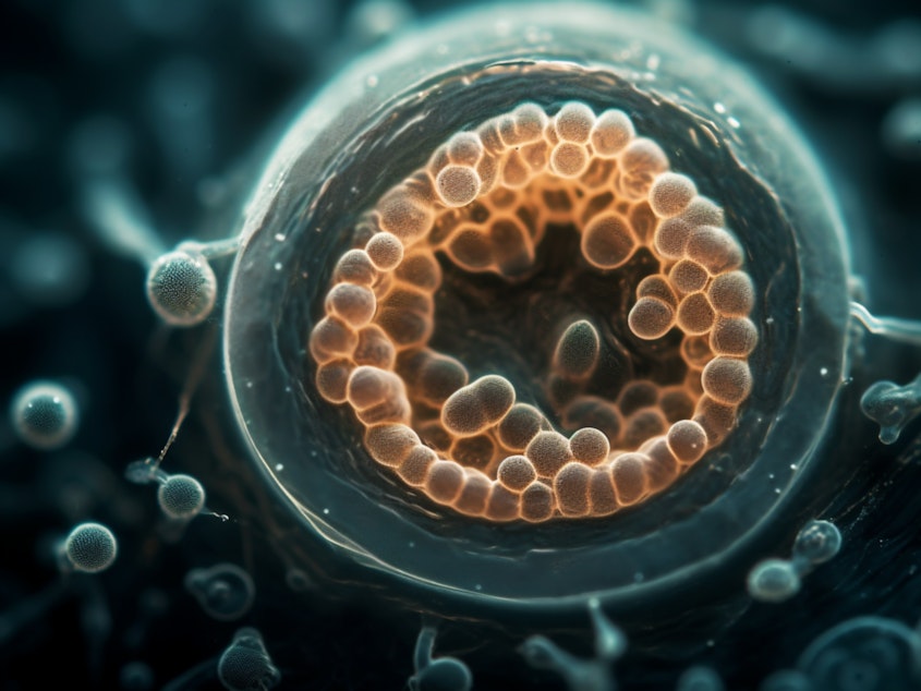 caption: An illustration of the blastocyst stage of embryo development at about five to nine days after fertilization. The outer layer will grow to form the placenta. The inner cells will become the fetus.