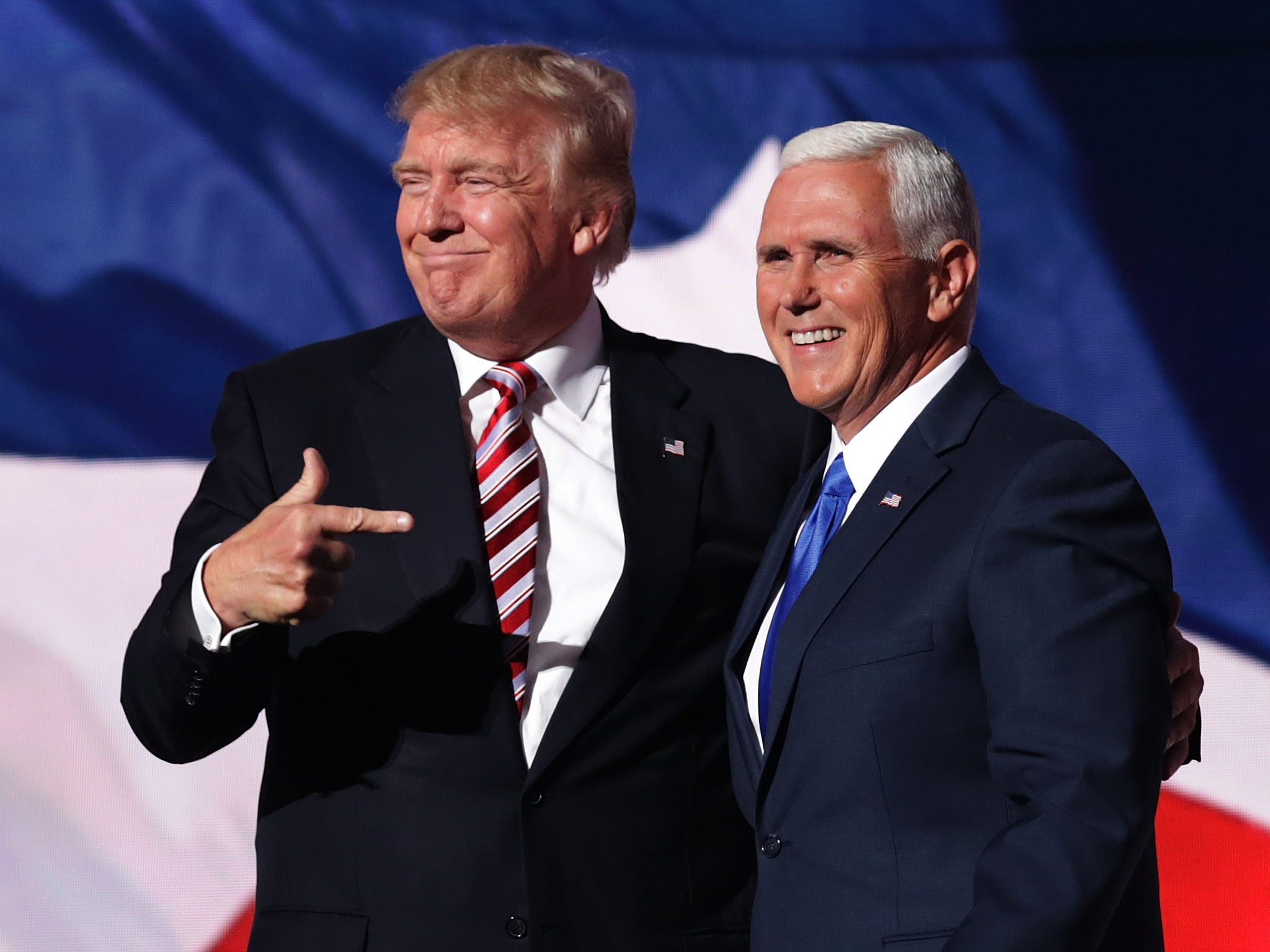 caption: Donald Trump and then Republican vice presidential candidate Mike Pence at the 2016 Republican National Convention.