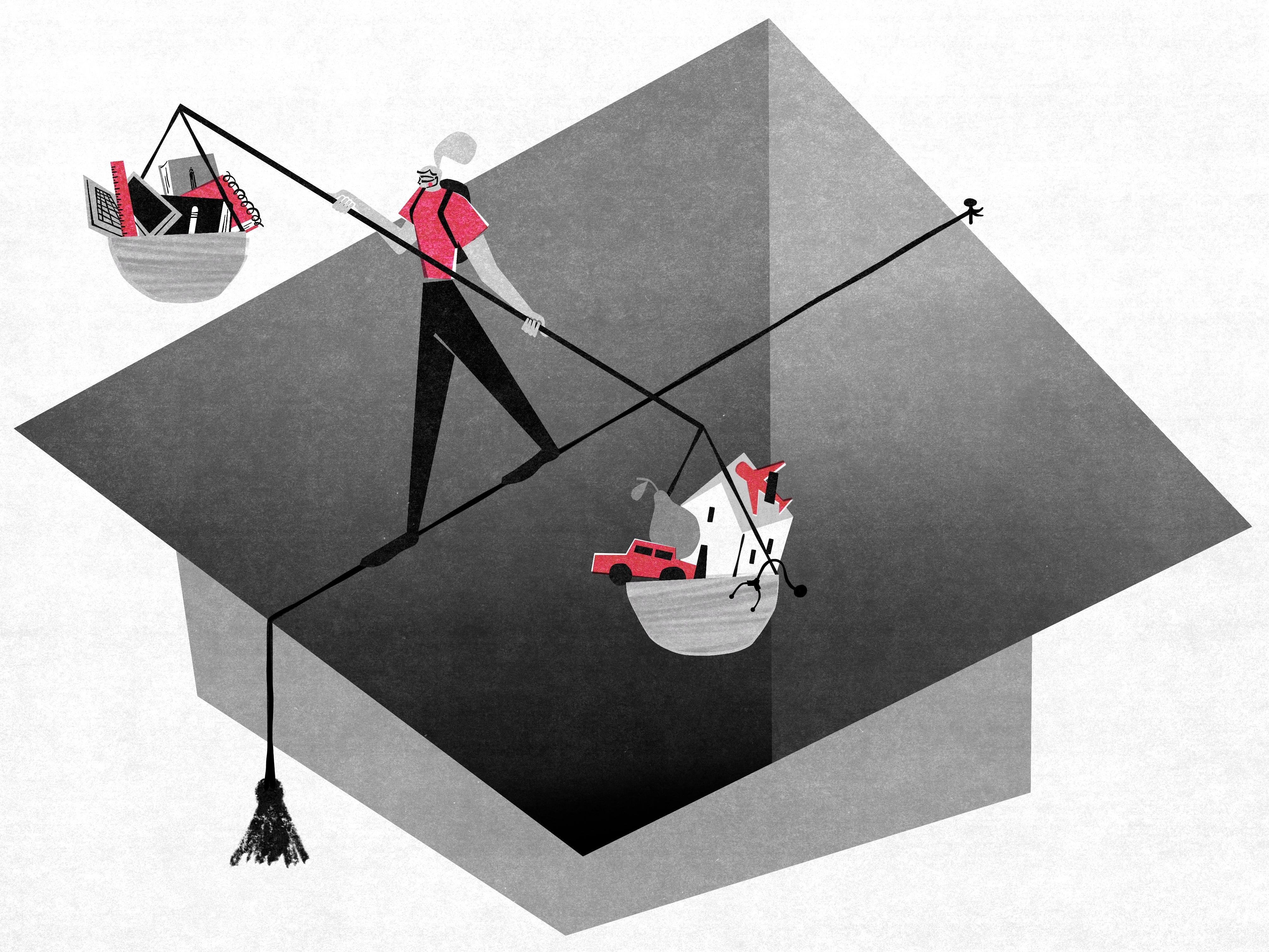 A graduate walks a tightrope balancing life's responsibilities.