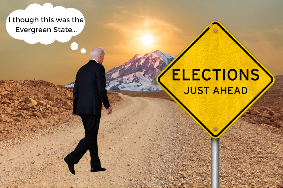 caption: President Joe Biden appears to be walking down a dry, desert road that leads toward Mt. Rainier. The sky is hazy and cloudless, with the sun beating down on the mountain. Biden is thinking, "I thought this was the Evergreen State..." A yellow sign on the right side of the road says, "ELECTIONS JUST AHEAD."