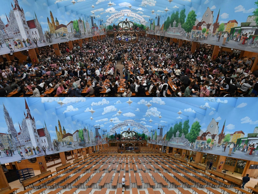 caption: A festival tent of the Oktoberfest beer festival in Munich, southern Germany, last year. Germany's Oktoberfest beer festival will be cancelled in 2020 due to the coronavirus, Bavarian state premier Markus Soeder said Tuesday.