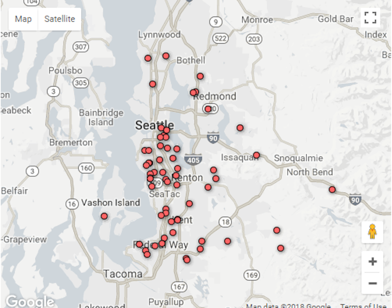 caption: This map shows the gun deaths of children and adolescents in King County between 2009 and 2018.