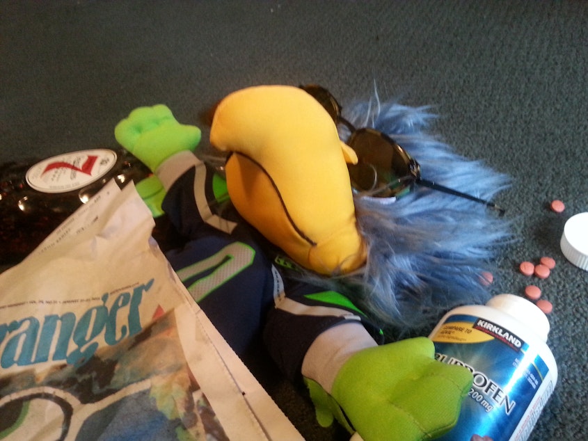 caption: A listener emailed us this picture of a recovering Blitz on Monday after the Seahawks lost in Super Bowl XLIX.