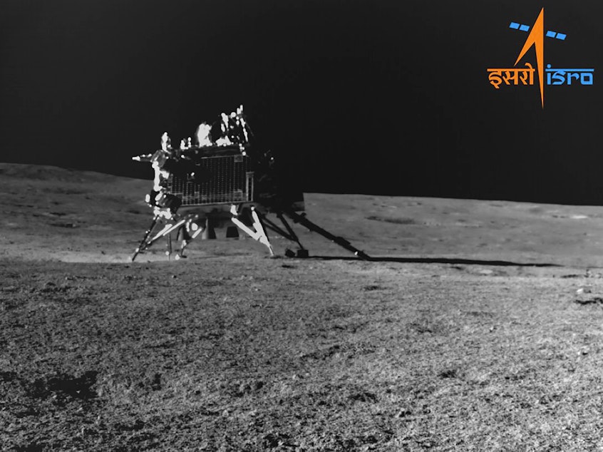 caption: This image provided by the Indian Space Research Organisation (ISRO) shows Vikram lander as seen by the navigation camera on Pragyan Rover on Aug. 30, 2023.