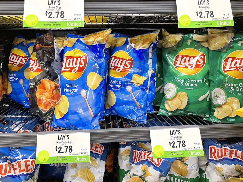 caption: Lay's potato chips are on sale at a California grocery store in February 2023.