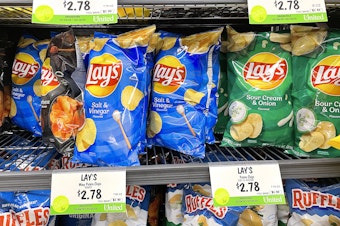 caption: Lay's potato chips are on sale at a California grocery store in February 2023.