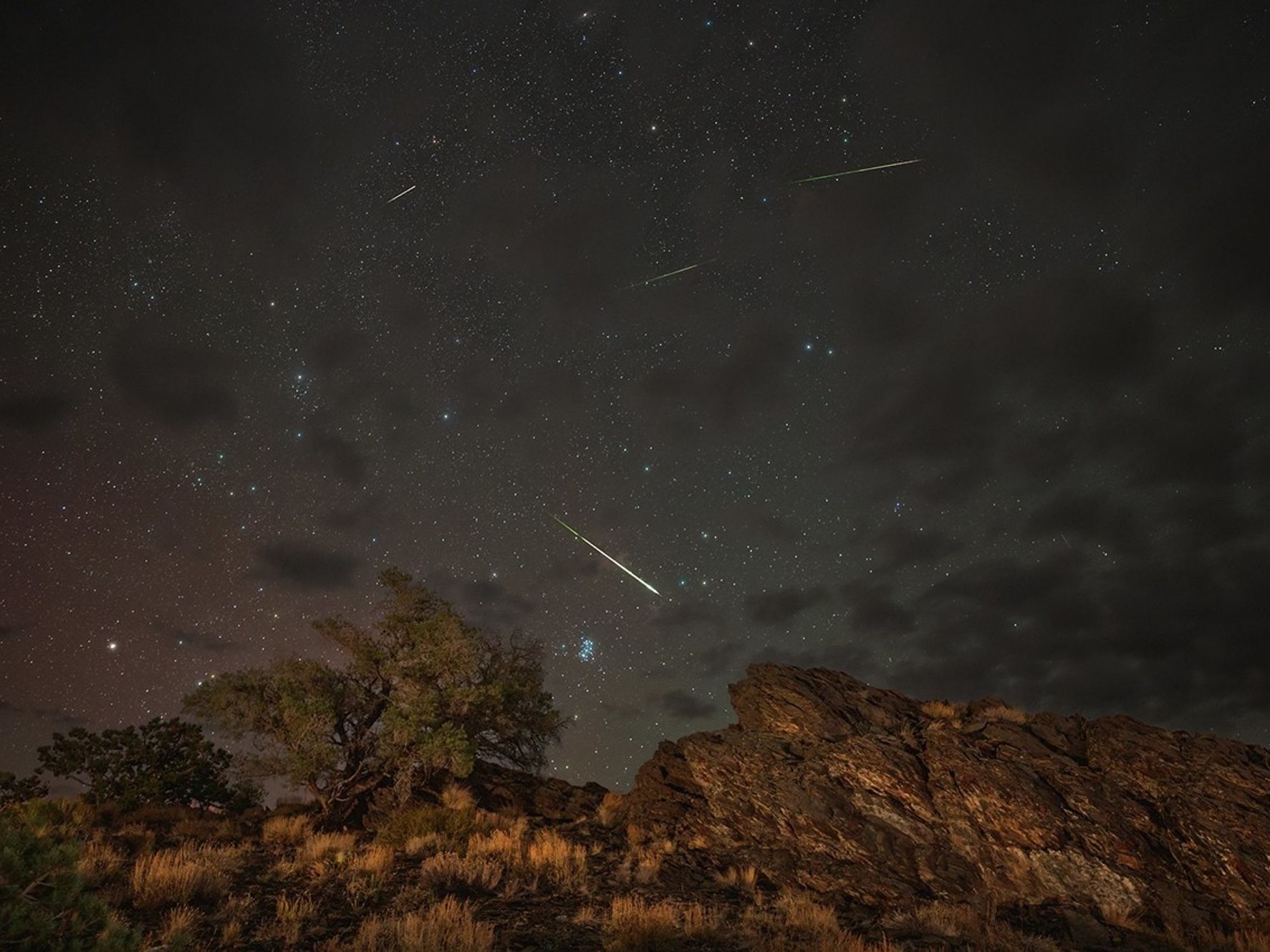 caption: Meteors from the Perseids Meteor Shower streak across a partly cloudy sky above Inyo National Forest in Bishop, California, in 2024.