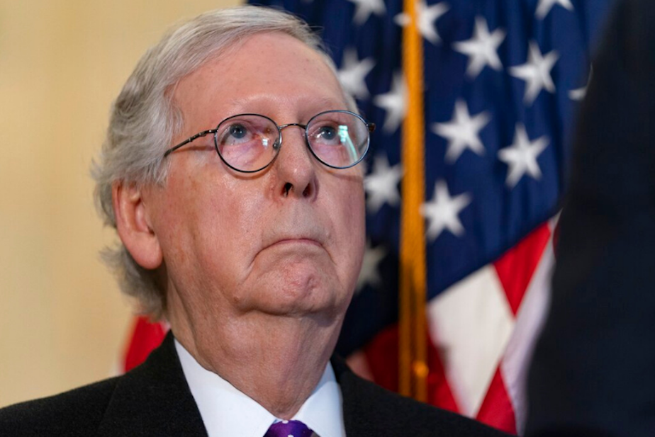 caption: Senate Minority Leader Mitch McConnell of Ky., attends a news conference, Tuesday, Feb., 1, 2022, after a weekly Republican policy luncheon on Capitol Hill in Washington. 