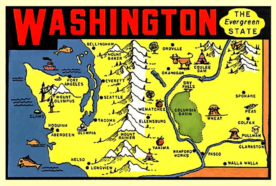 caption: A 1950s postcard for Washington, proclaiming it as "The Evergreen State."