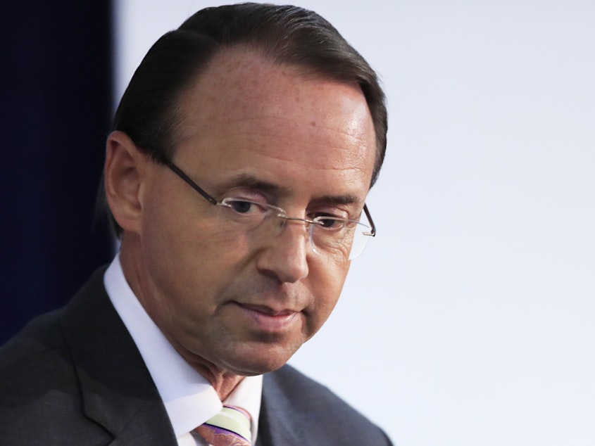 caption: Deputy Attorney General Rod Rosenstein's fate at the Justice Department appeared uncertain on Monday.