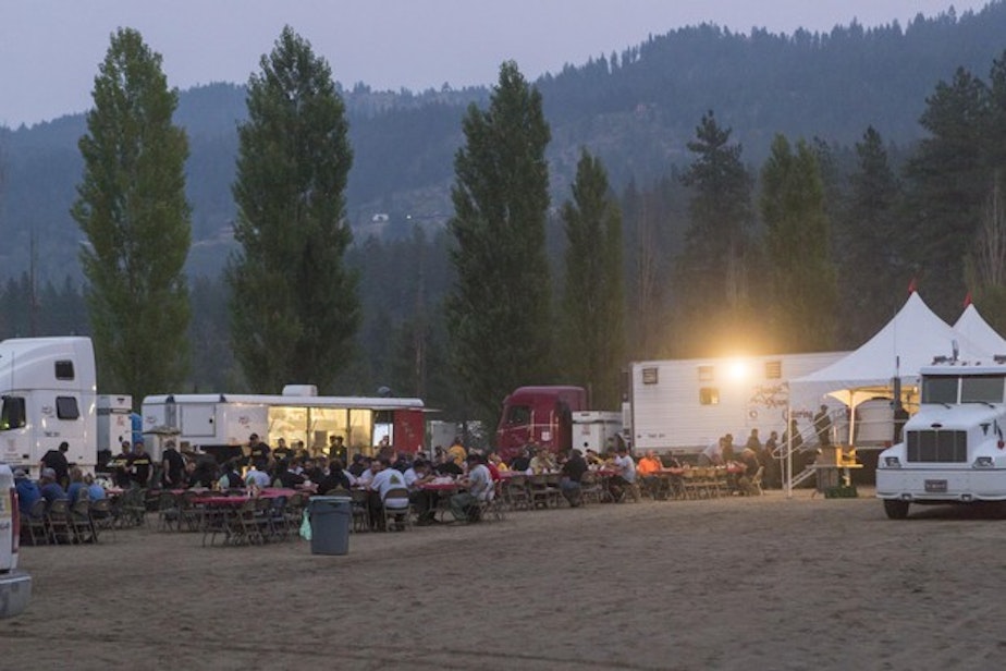 caption: File photo. A fire camp in Leavenworth, Washington, during the 2018 fire season.