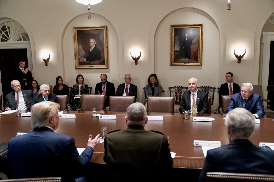 caption: President Trump tweeted this photo on Oct. 17 with the caption, "The Do Nothing Democrats, Pelosi and Schumer stormed out of the Cabinet Room!"