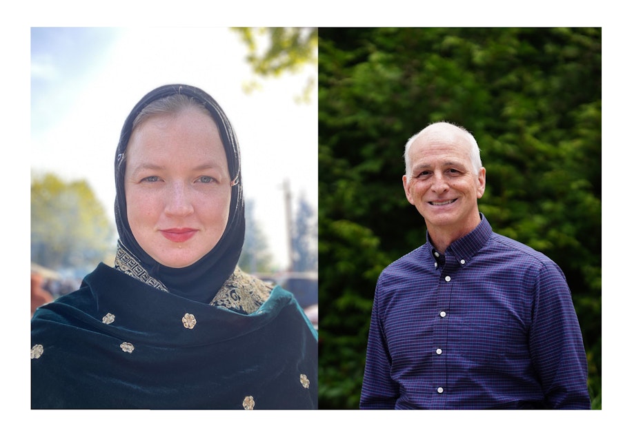 caption: Pro-Palestinian Democrat Melissa Chaudhry (left) is challenging Democratic Rep. Adam Smith in Congress (right) in the 9th District.