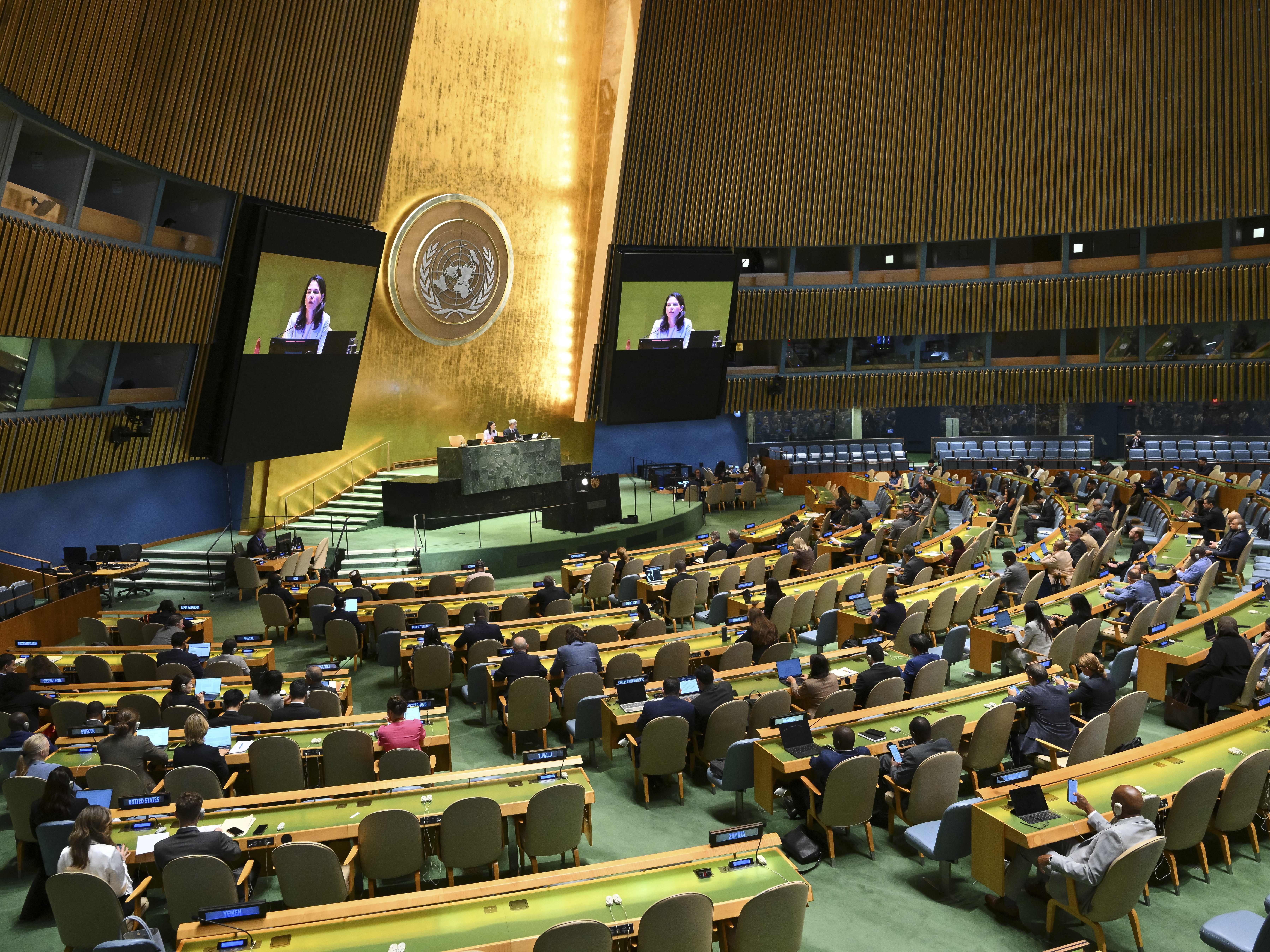 caption: Former German Foreign Minister and President of the 80th session of the United Nations General Assembly Annalena Baerbock speaks during a General Assembly meeting at United Nations headquarters on September 12, 2025.