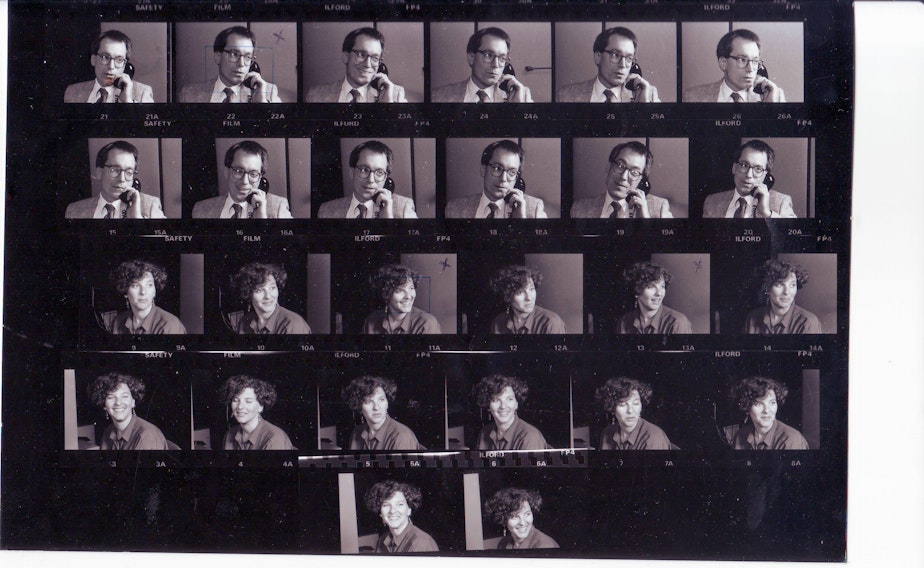 caption: Film negatives of Marcie Sillman and Ross Reynolds from the early 1990s.