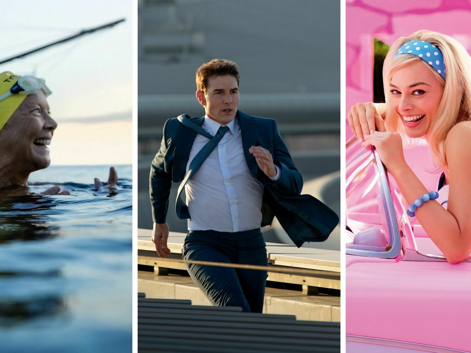 caption: <strong>Does climate change exist? And does a character know it?</strong> The Oscar-nominated films <em>Nyad, </em>left, <em>Mission: Impossible — Dead Reckoning Part One</em><em> </em>and <em>Barbie </em>met the criteria for a new challenge inspired by the famous Bechdel Test.