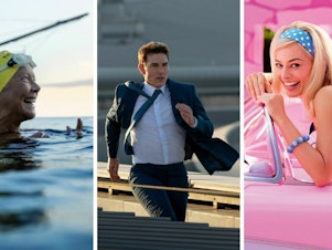 caption: <strong>Does climate change exist? And does a character know it?</strong> The Oscar-nominated films <em>Nyad, </em>left, <em>Mission: Impossible — Dead Reckoning Part One</em><em> </em>and <em>Barbie </em>met the criteria for a new challenge inspired by the famous Bechdel Test.