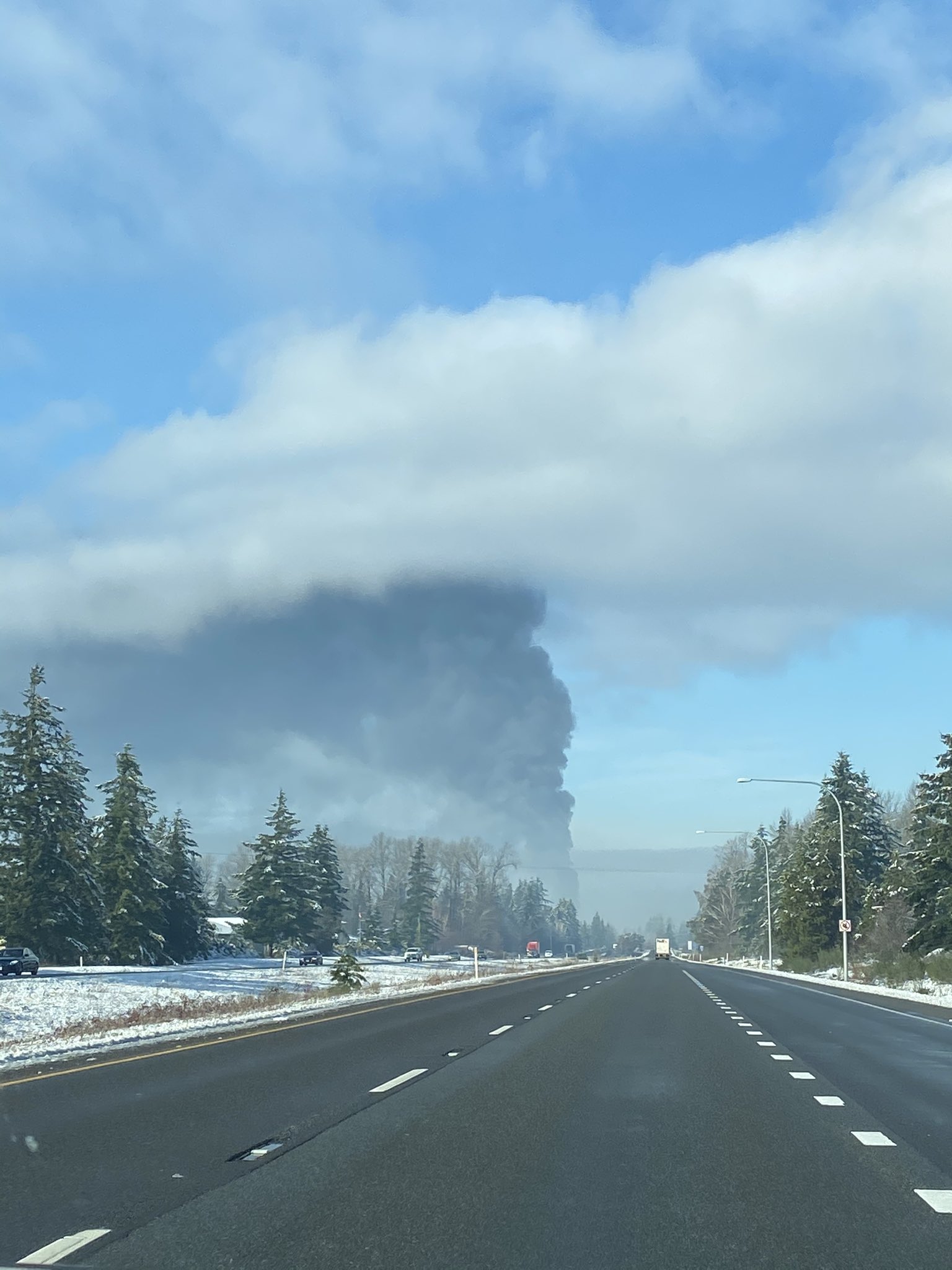 caption: The Custer oil-train fire seen from Interstate 5