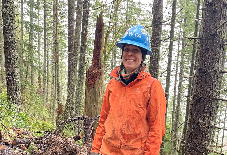caption: Emily Snyder, a Puget Sound trail crew leader for the Washington Trail Association, on the Rattlesnake Ledge trail. Snyder has led work on the trail following its renovation to accommodate increased traffic there.