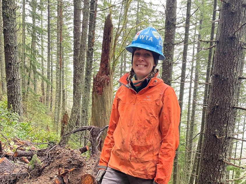 caption: Emily Snyder, a Puget Sound trail crew leader for the Washington Trail Association, on the Rattlesnake Ledge trail. Snyder has led work on the trail following its renovation to accommodate increased traffic there.