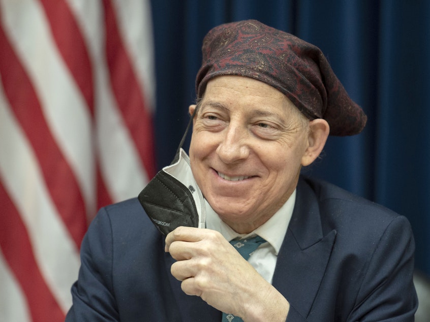 caption: Rep. Jamie Raskin, D-Md., participates in a House Oversight and Accountability Committee hearing on March 29. On Thursday, he announced a preliminary diagnosis that his cancer is in remission after treatments.