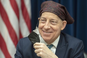 caption: Rep. Jamie Raskin, D-Md., participates in a House Oversight and Accountability Committee hearing on March 29. On Thursday, he announced a preliminary diagnosis that his cancer is in remission after treatments.