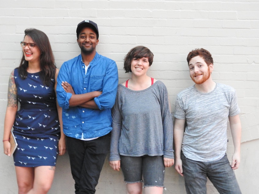 caption: Local Seattle comedians Anica Cihla, Abraham Tadesse, Christan Leonard and Billy Anderson outside Jai Thai on Capitol Hill.