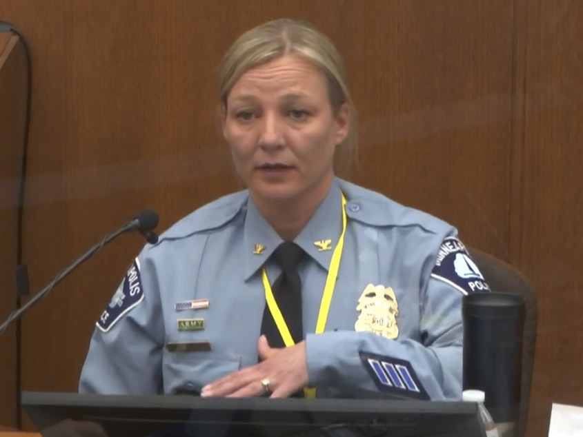 caption: Minneapolis Police Inspector Katie Blackwell told jurors on Monday that former officer Derek Chauvin's restraint of George Floyd on May 25, 2020, did not fit the department's training in  defensive maneuvers.
