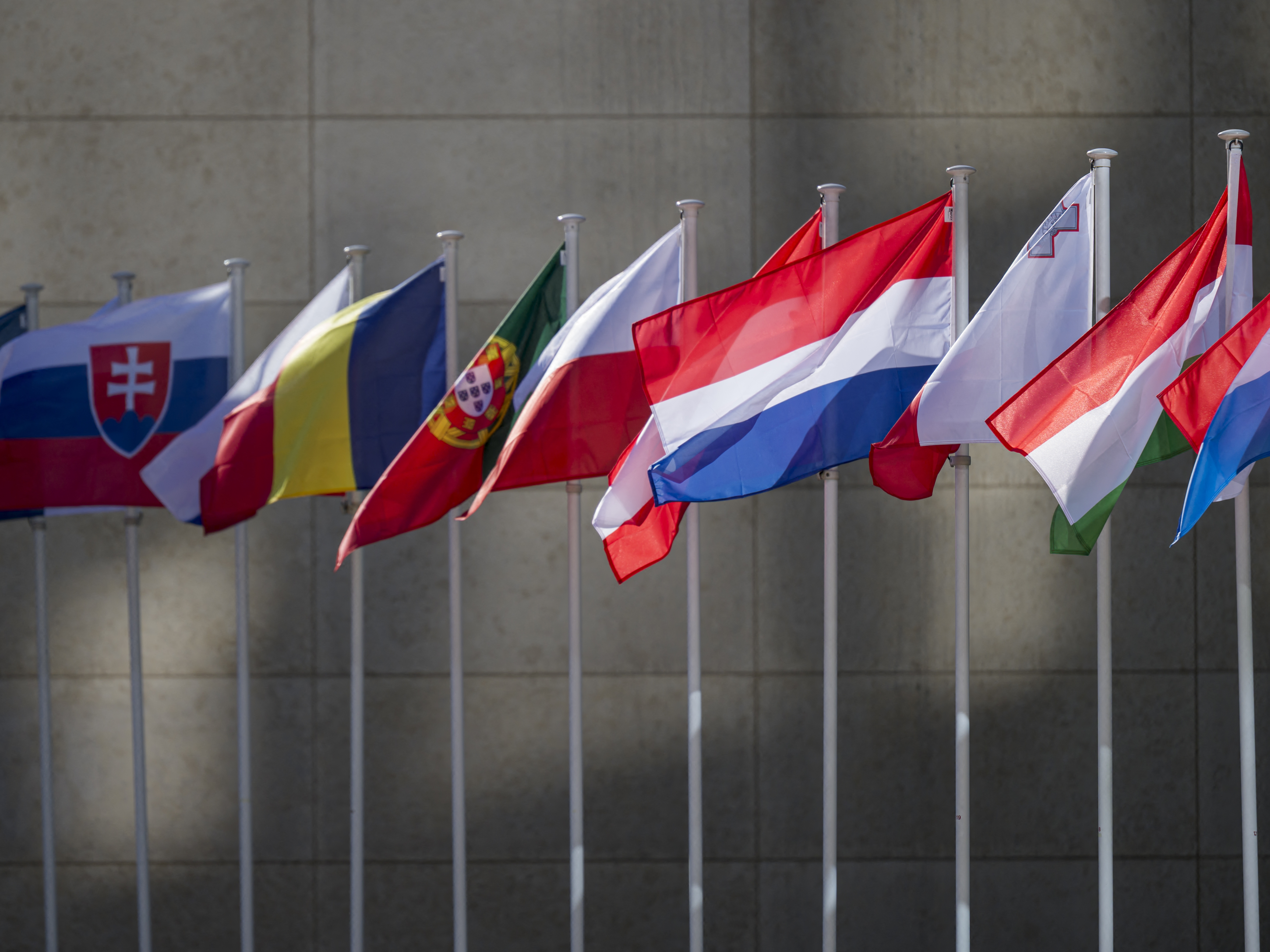 caption: European flags fly at the EU Council building in Luxembourg on April 7.
