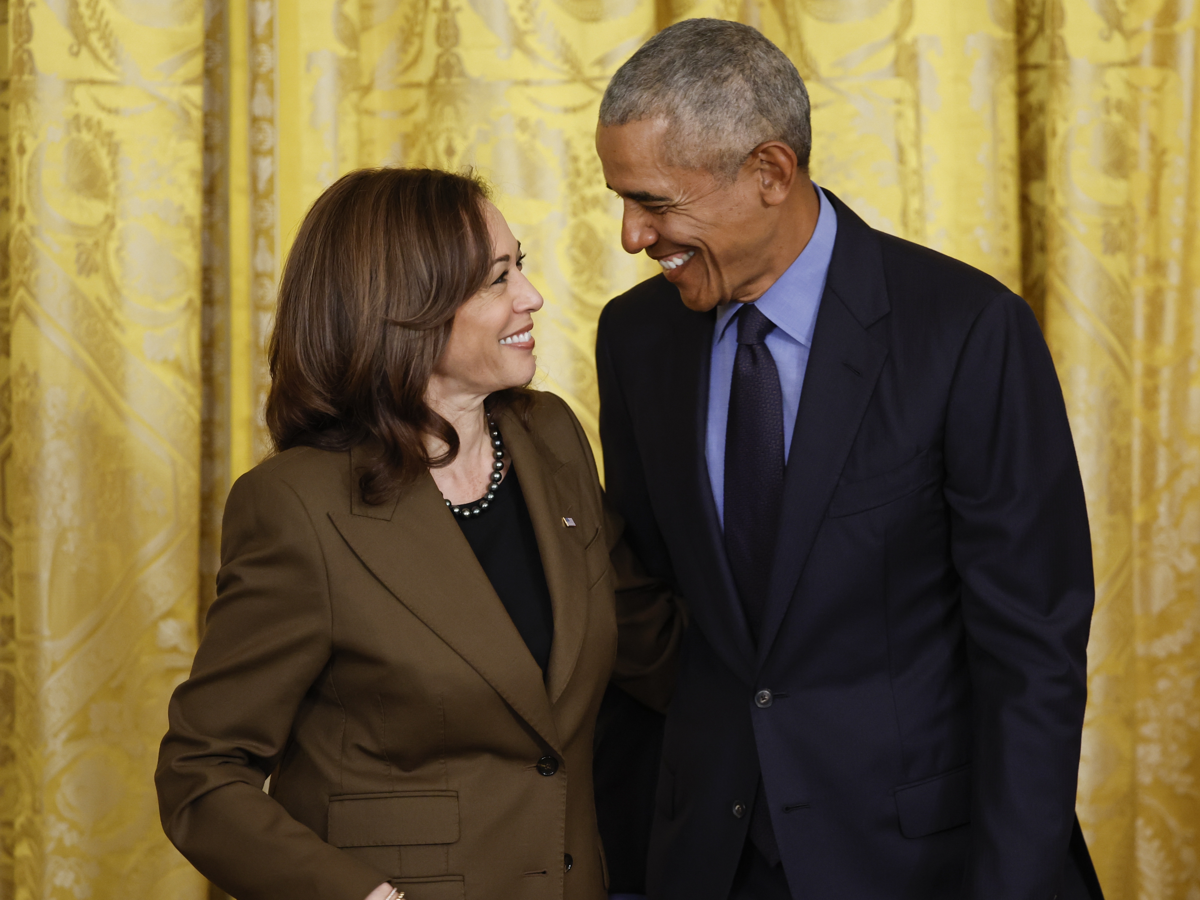 caption: Vice President Harris and former President Barack Obama attend a White House event marking the anniversary of the Affordable Care Act on April 5, 2022.
