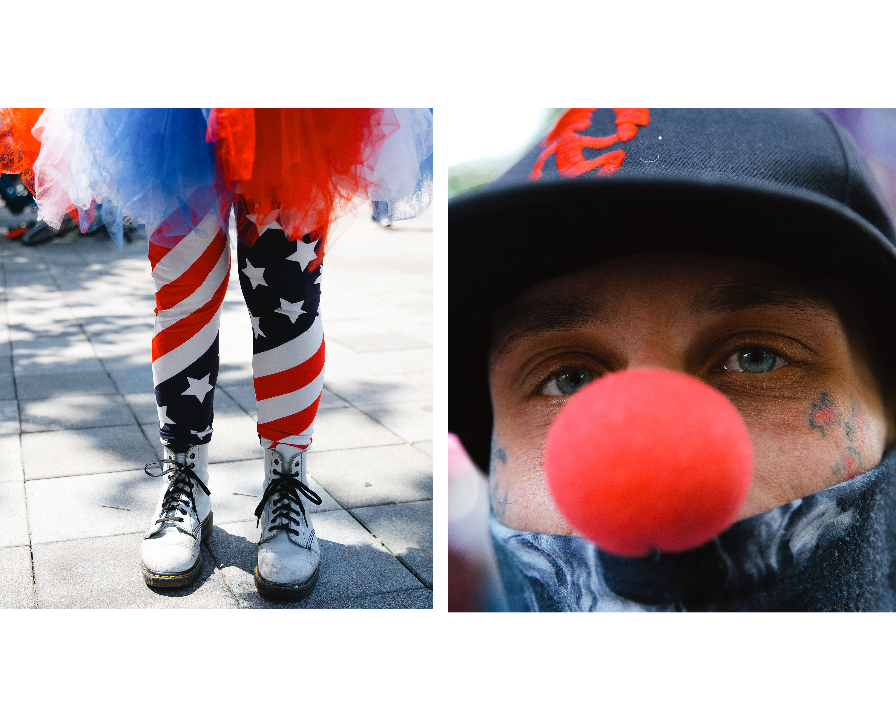 caption: A demonstrator who goes by the name Silentt, right, with the group Juggalos Against ICE, wears a clown nose on Saturday, June 14, 2025, during the ‘No Kings’ protest in Seattle. After nearly a week of daily marches in Seattle, the largest crowd yet met -- loud and energized.
