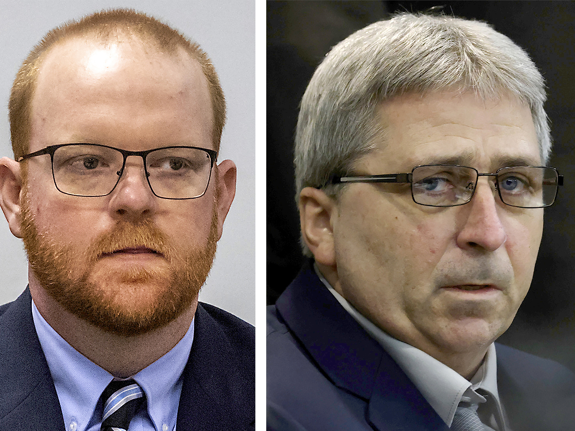 caption: This photo shows, from left to right, Travis McMichael and William "Roddie" Bryan, two of three white men who will face sentencing Monday for their roles in the killing of Ahmaud Arbery.