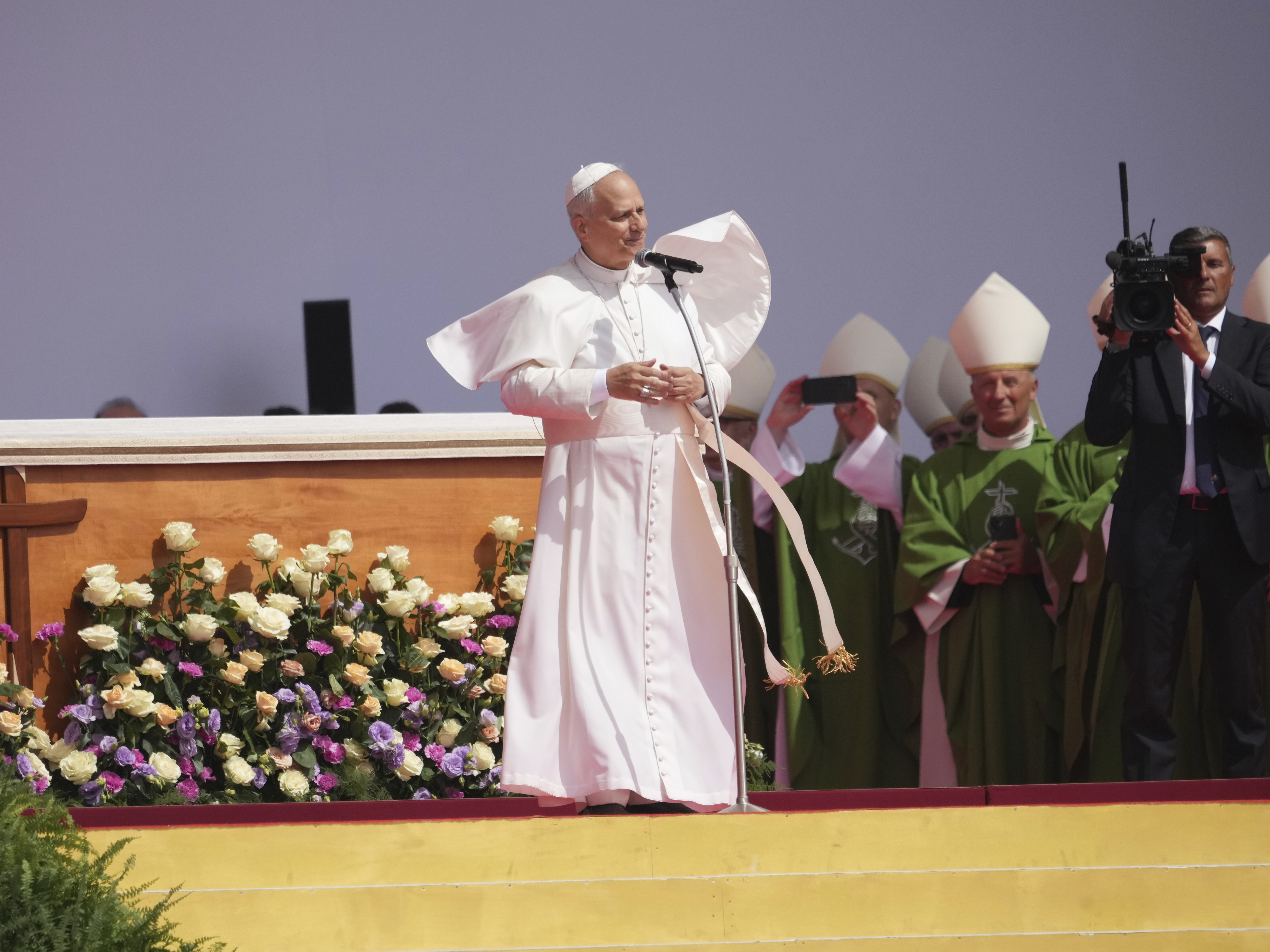 caption: Pope Leo XIV holds a Mass with young people participating in the Youths Jubilee at the Tor Vergata field in Rome, Sunday, Aug. 3, 2025.