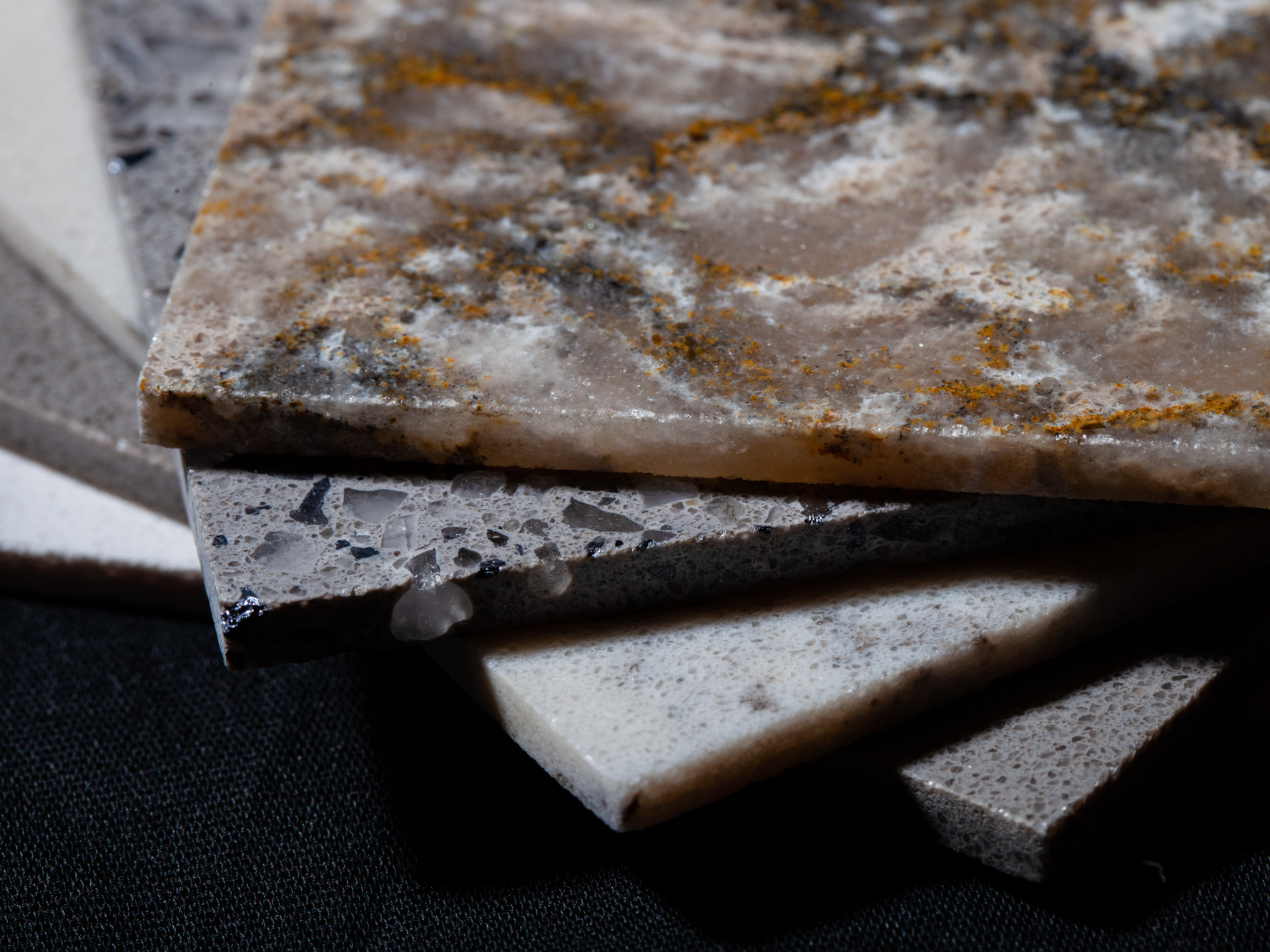 caption: Samples of Silestone, a countertop material made of quartz. Cutting the material releases dangerous silica dust that can damage people's lungs if the exposure to the dust is not properly controlled.