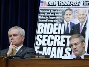 caption: With a poster of a <em>New York Post</em> front page story about Hunter Biden's emails on display, Rep. James Comer (R-Ky.) and Rep. Jim Jordan (R-Ohio) listen during a hearing before the House Oversight and Accountability Committee on Feb. 8, 2023 in Washington, DC. The committee held a hearing on Twitter's short-lived decision to limit circulation of the <em>Post </em>story in 2020.