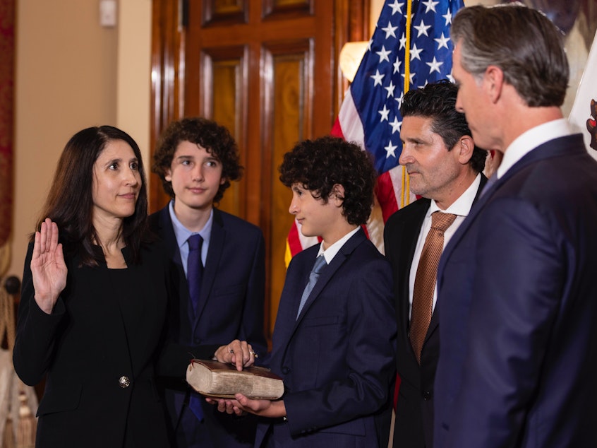 caption: Justice Patricia Guerrero was sworn in as the newest judge of California's Supreme Court Monday, becoming the first Latina woman in the role.