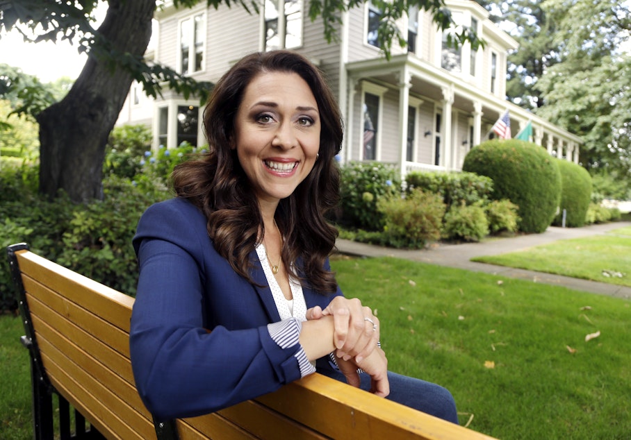 caption: Republican U.S. Rep. Jaime Herrera Beutler, representing southwest Washington state's 3rd Congressional District, poses for a photo in Vancouver, Wash., Aug. 27, 2018.