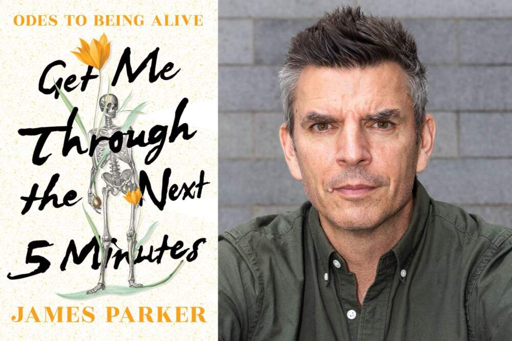 caption: The cover of "Get Me Through the Next Five Minutes" and author James Parker. (Courtesy of W.W. Norton &amp; Company and Edward Boches)