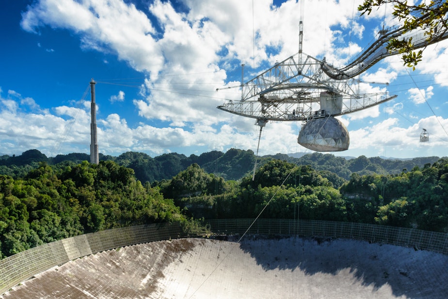 caption:   The Arecibo Observatory in Puerto Rico where astronomers picked up radio bursts from space 