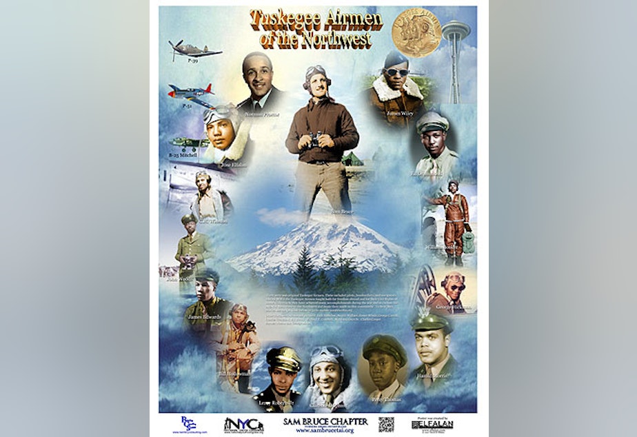 caption: The Tuskegee Airmen of the Pacific Northwest is a poster designed by David Elfalan of Elfalan IT Consulting. The Qr Code printed on the poster allows users to scan the poster with a mobile device or smartphone triggering a multimedia presentation featuring the bios and words of some of the Airmen depicted in the poster. 