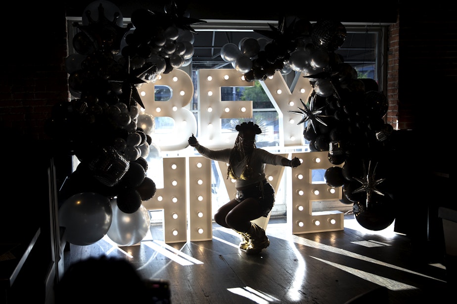 caption: Samyra “Sammi” Jefferson, of Spokane, dances at the Press Box before Beyonce’s Seattle stop on the Renaissance World Tour on Thursday, Sept. 14, 2023, near Lumen Field in Seattle.