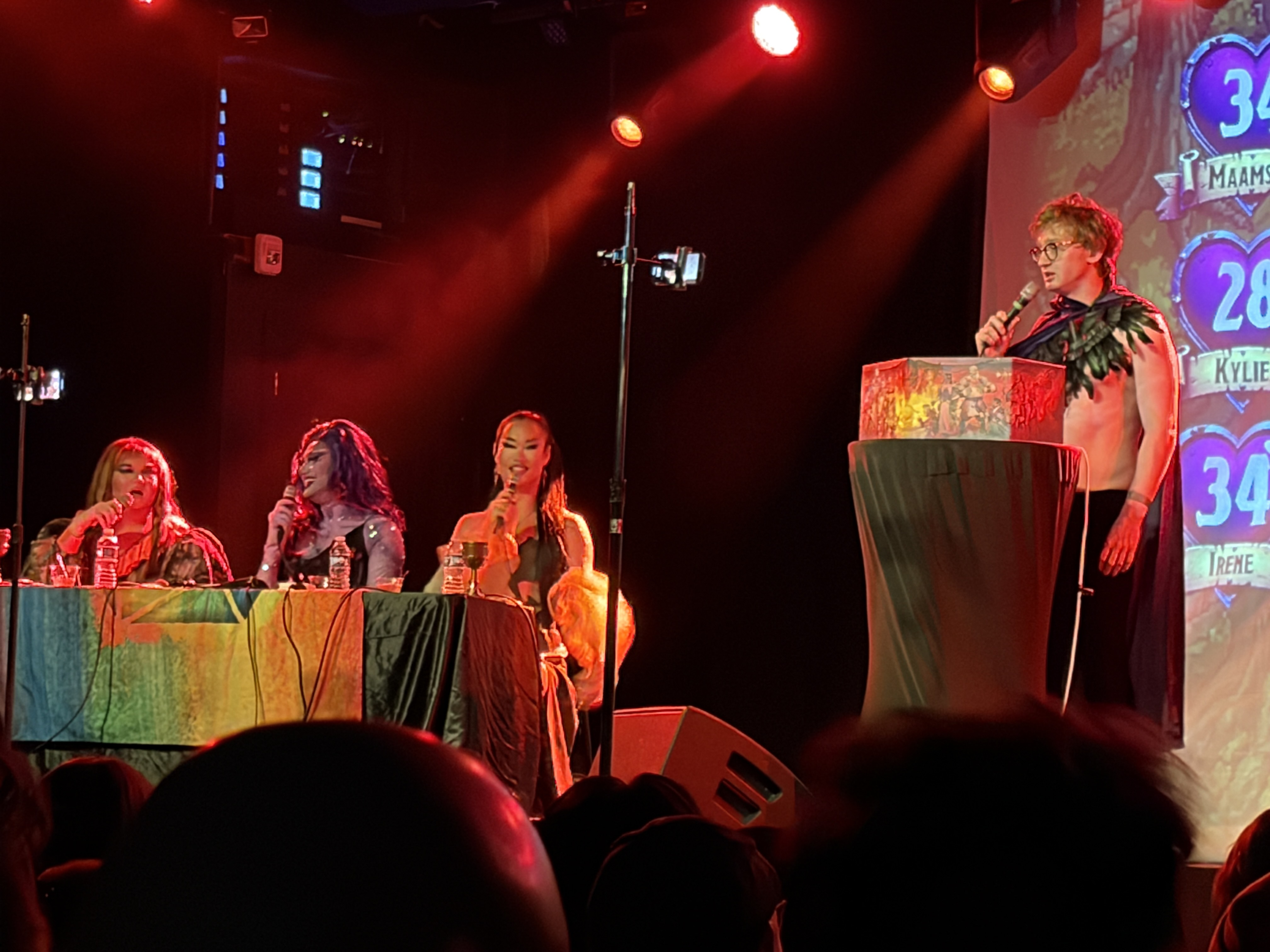 caption: Miss Ma'amShe, Irene the Alien, and Kylie Mooncakes play Dungeons & Drag Queens at The Crocodile in Seattle, Friday, Jan. 23, 2026. Right, dungeon master and comedian Paul Curry. 