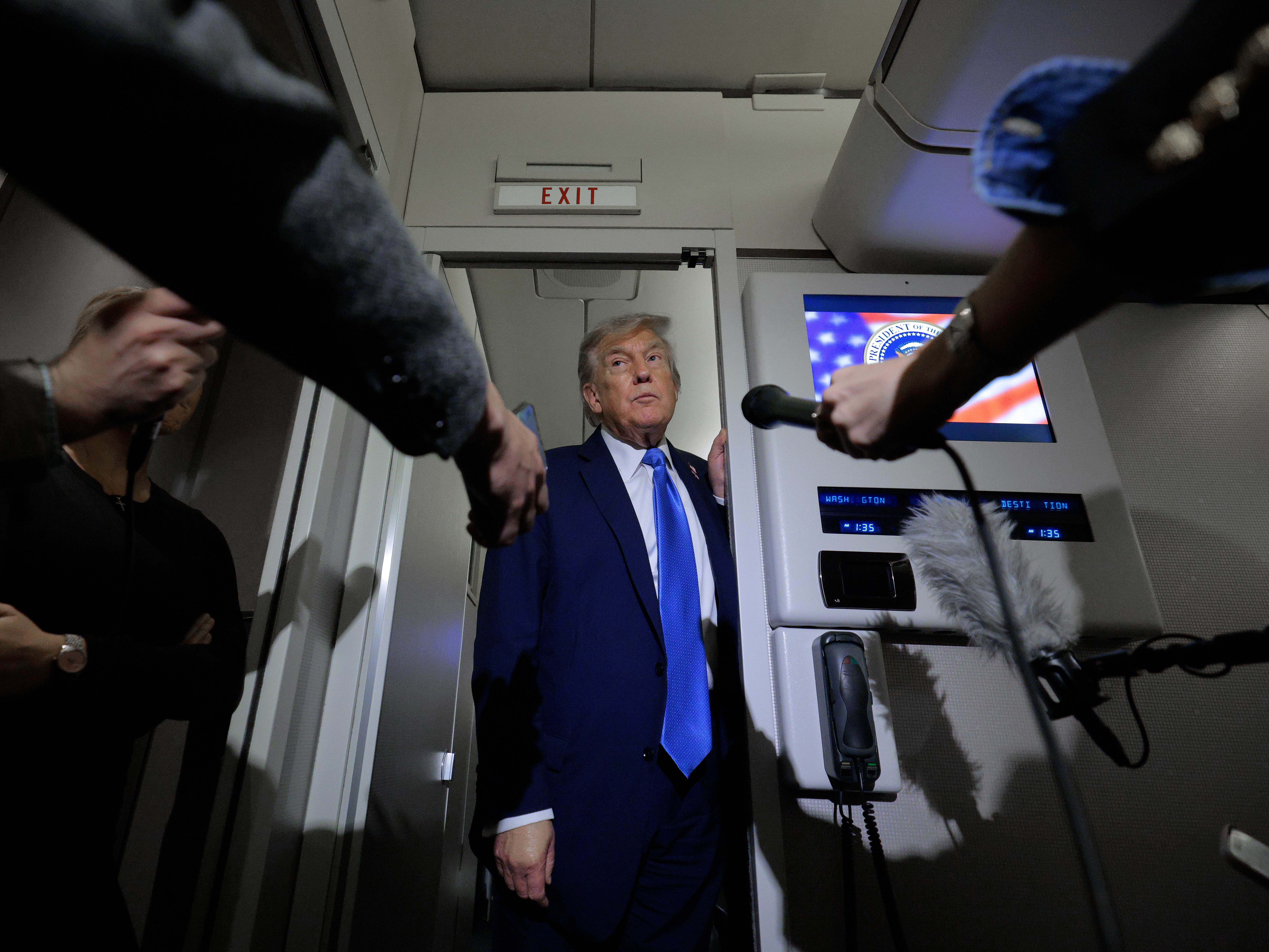 caption: President Trump talks to reporters on board Air Force One on Monday. Historically, he has promised action or answers within two weeks, as is the case with a decision about U.S. involvement in the Israel-Iran conflict.