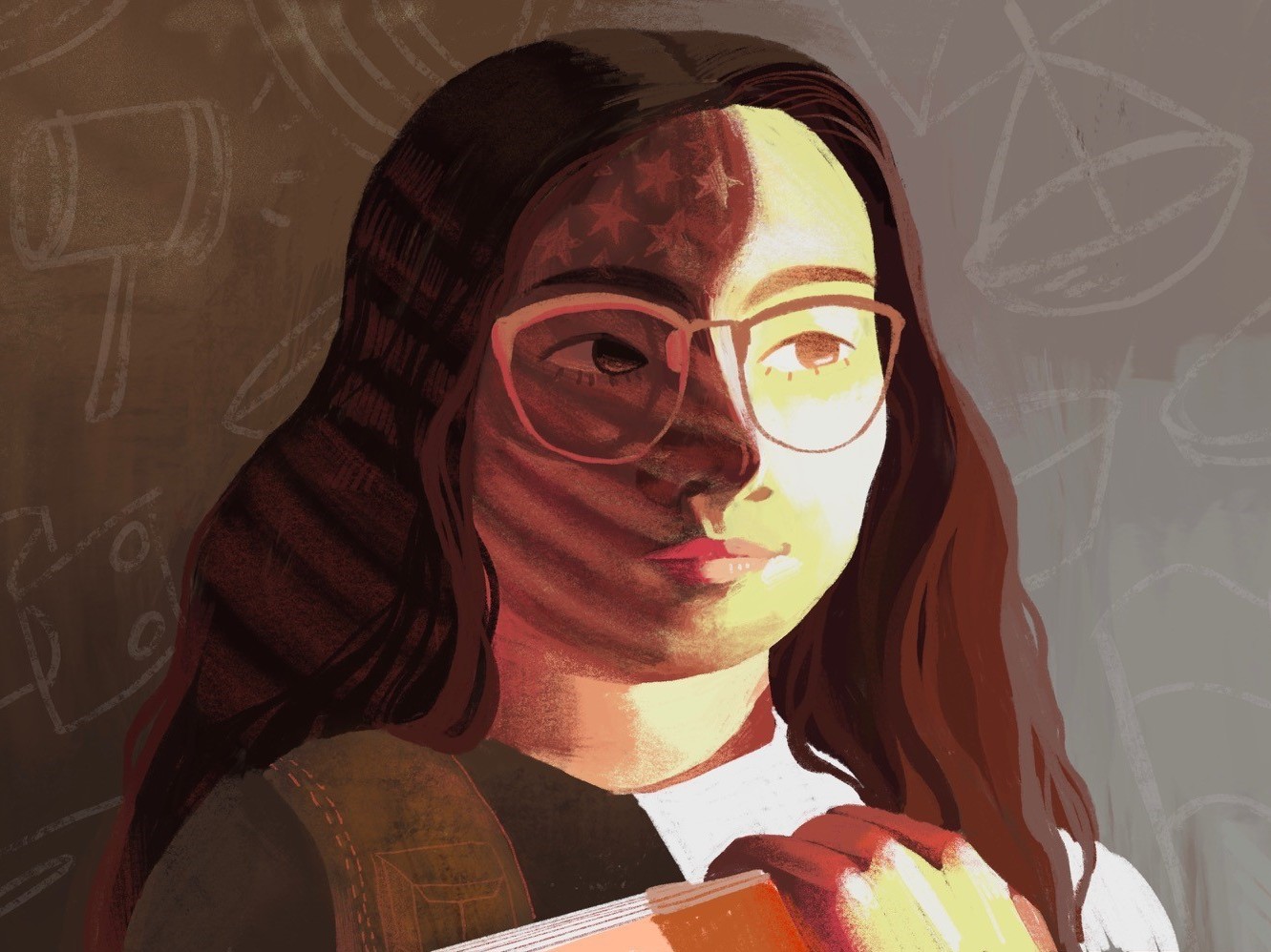 Young Asian-American student holding books at chalkboard.