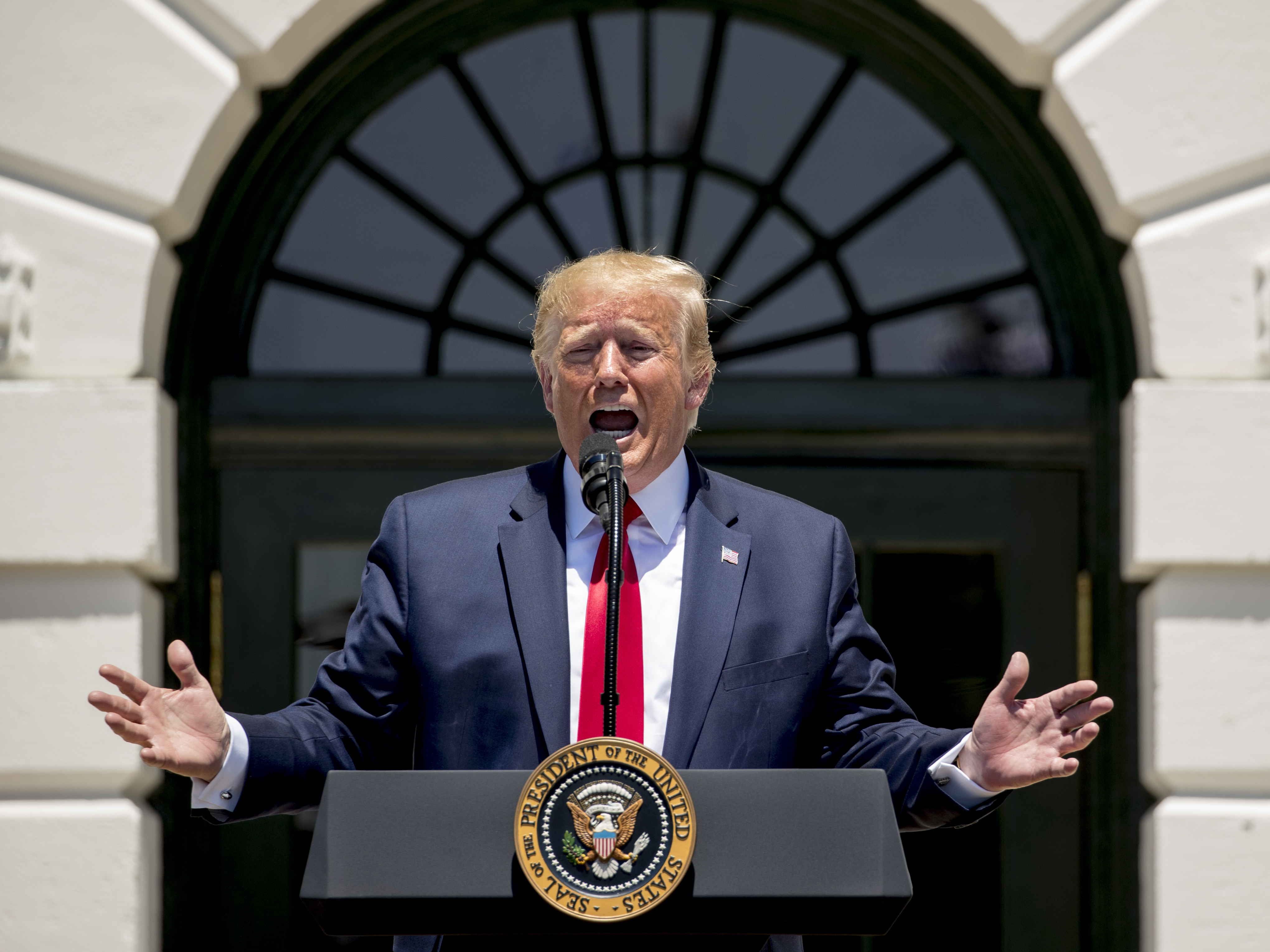 caption: President Donald Trump speaks during a Made in America showcase on the South Lawn of the White House in Washington, Monday, July 15, 2019. (AP Photo/Andrew Harnik)