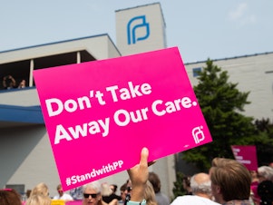 caption: Abortion rights supporters rally outside a Planned Parenthood clinic in St. Louis on May 31, 2019. At the time, it was the last location in Missouri performing abortions. The state's abortion ban took effect soon after the Dobbs decision in 2022.