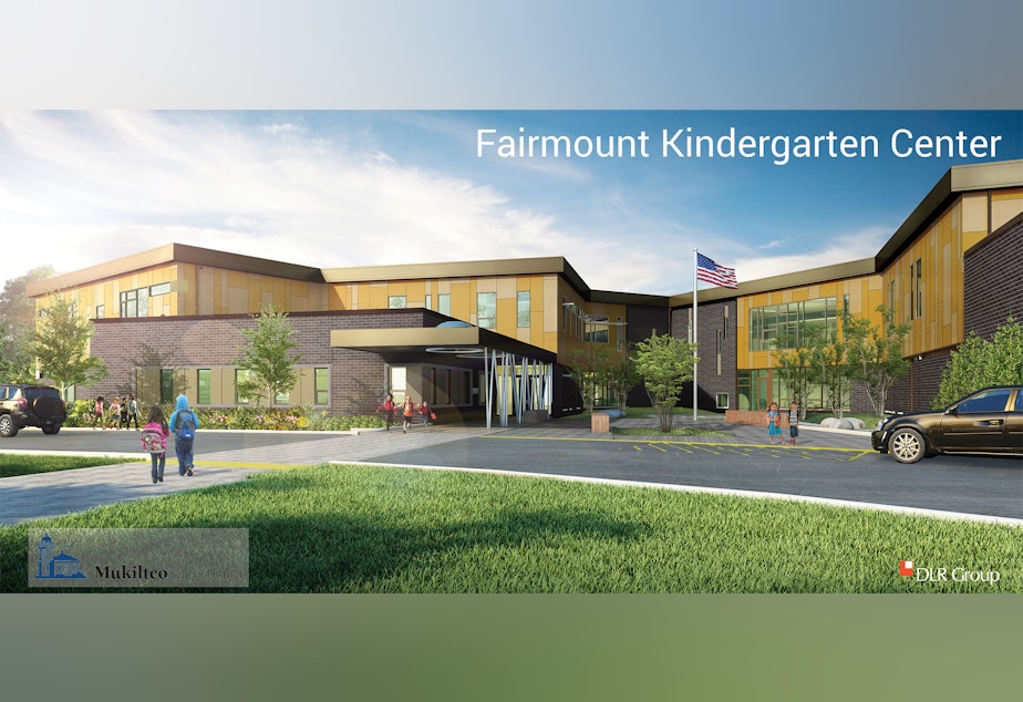 caption: An architect's rendering of the front of Mukilteo's kindergarten-only school, slated to open in 2017.