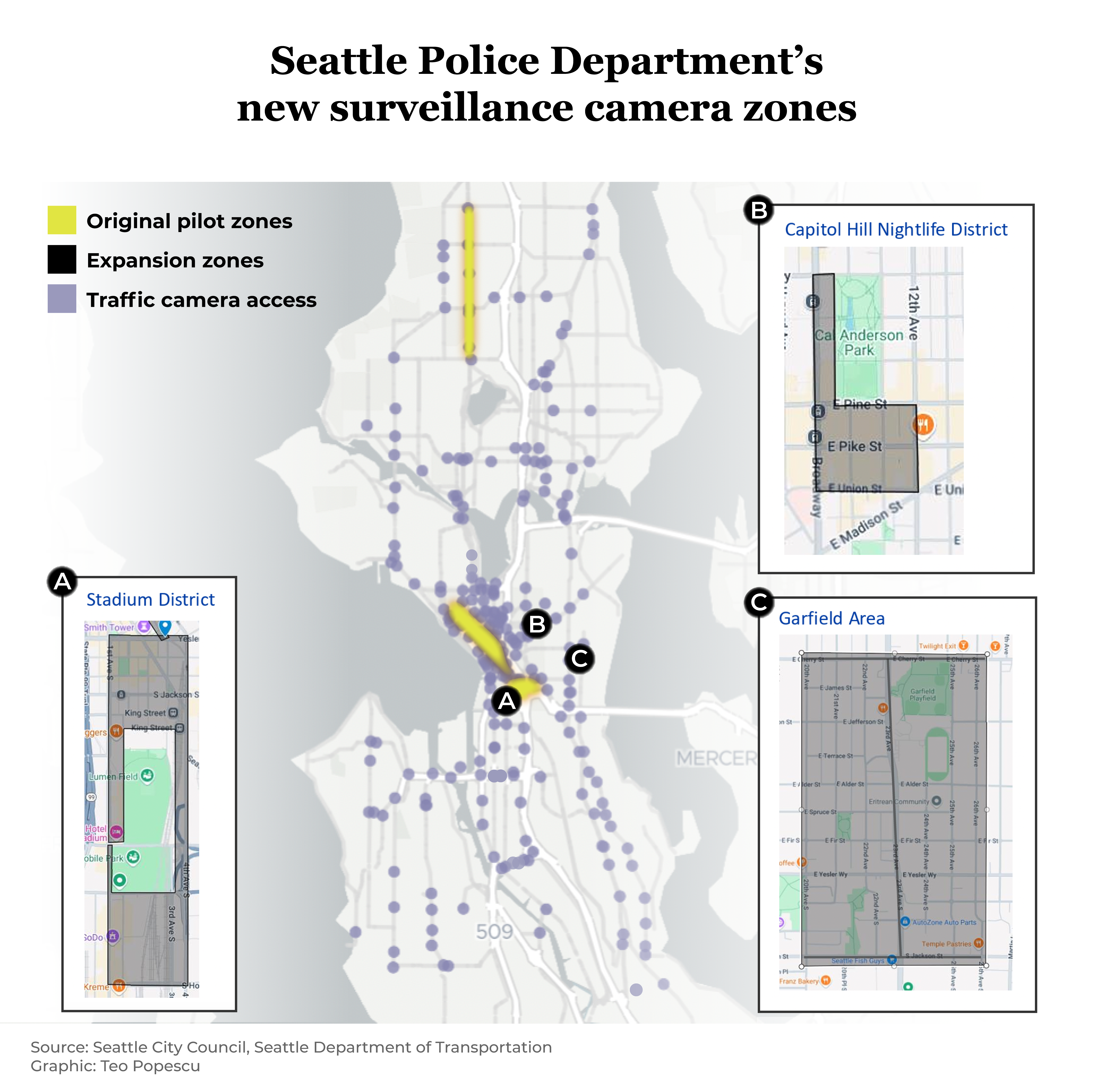 caption: Map of surveillance cameras available, or soon to be available, to the Seattle Police Department, following a vote by Seattle City Council to expand a CCTV pilot program in 2025.