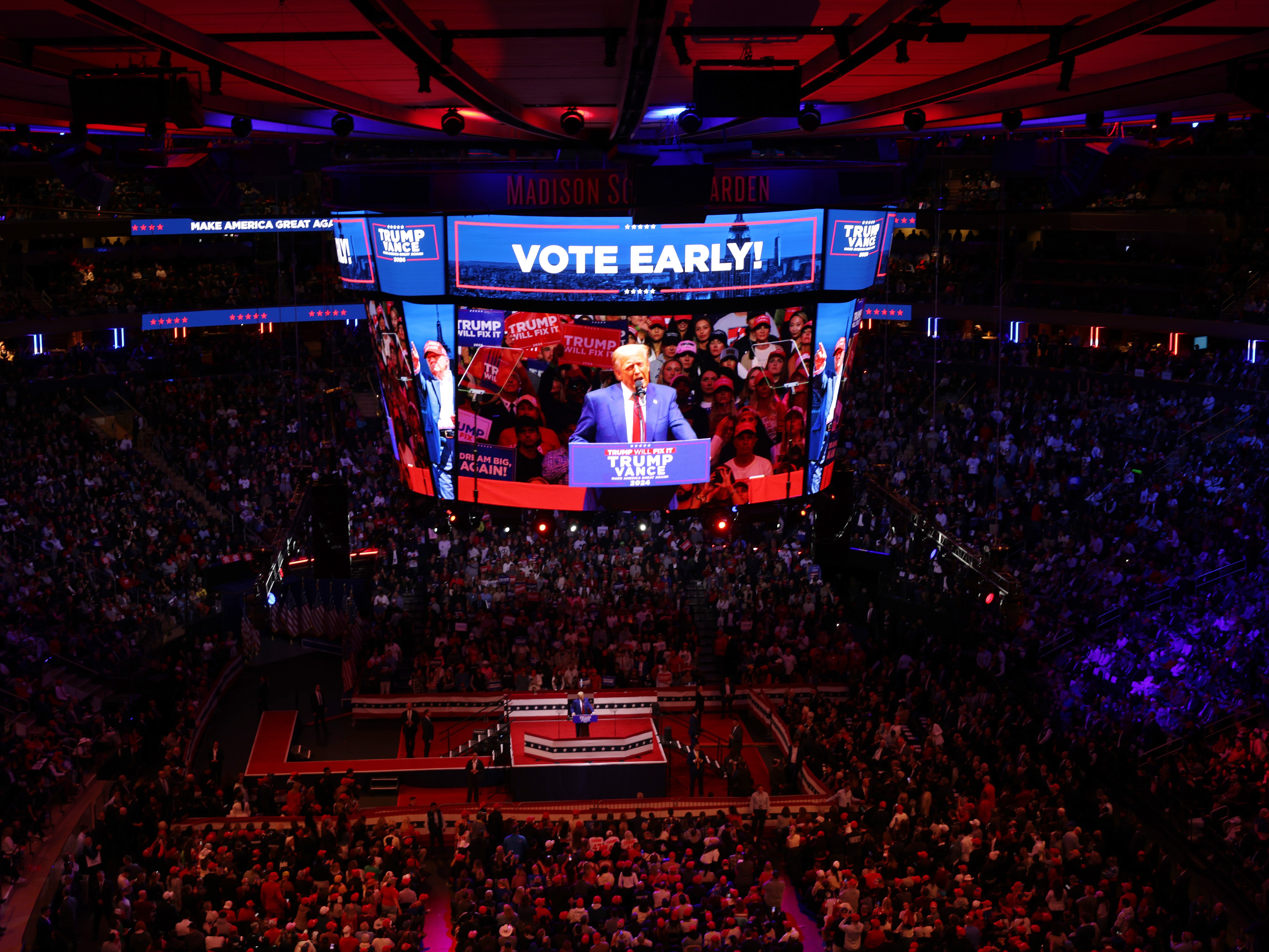 caption: Republican presidential nominee, former U.S. President Donald Trump speaks at a campaign rally at Madison Square Garden on Oct. 27, 2024 in New York City.