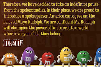 caption: M&M's pause of its spokescandies comes after a right-wing backlash to changes in the Green and Brown M&Ms and the addition of the Purple M&M.